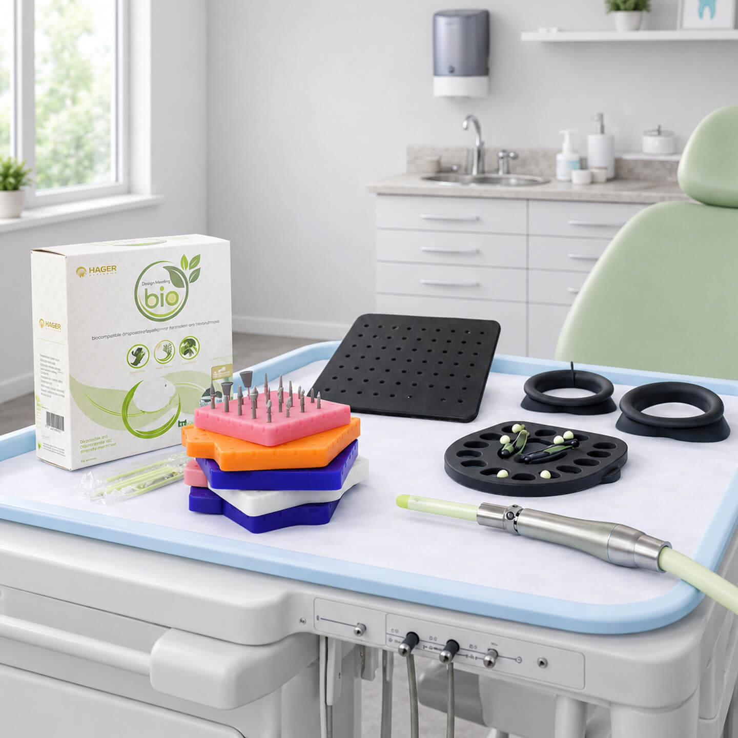 HagerGO green dental products arranged on a tray in a professional dental exam room.