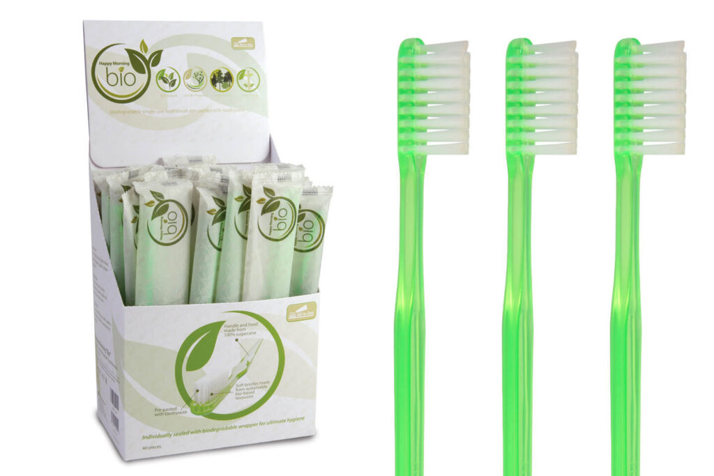Happy Morning Bio Toothbrushes in box with pre-pasted brush heads